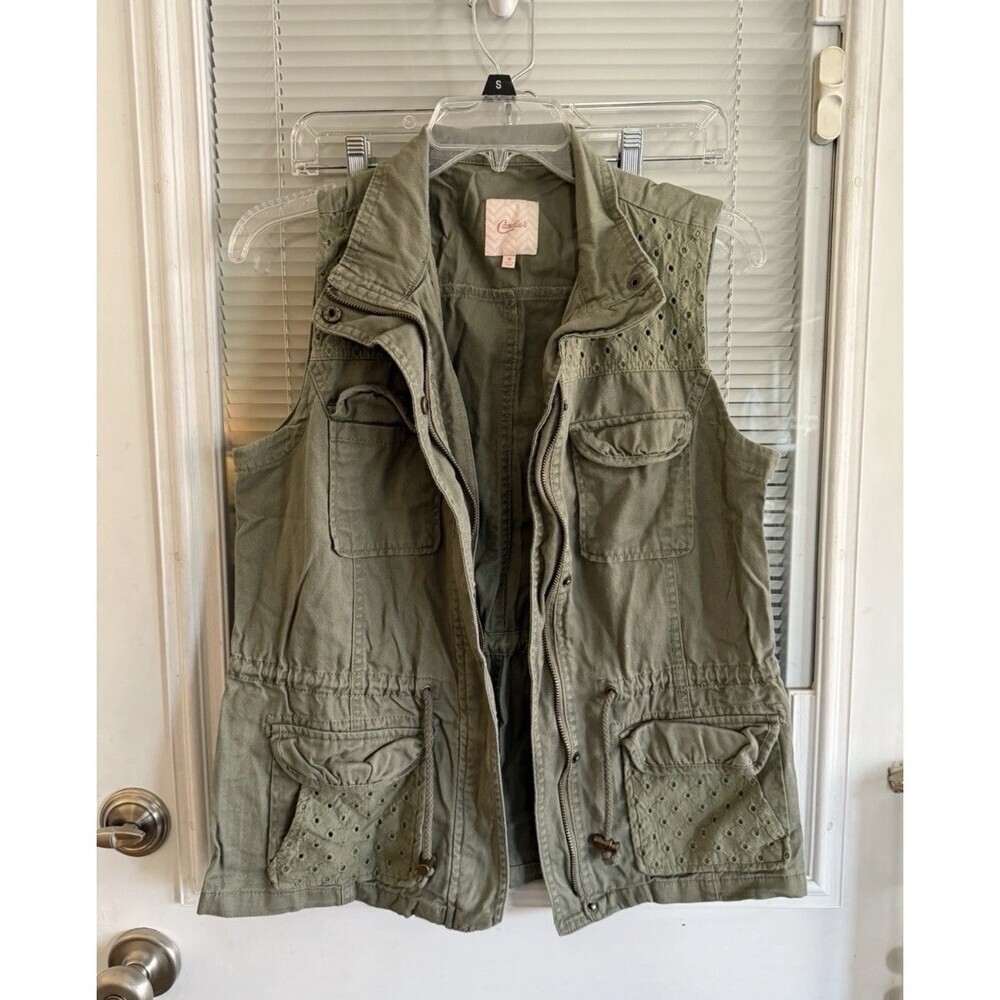 Candie's Vest Eyelet Safari Utility Cargo Green Lgtwt Drawstring Zip Snap Sz M